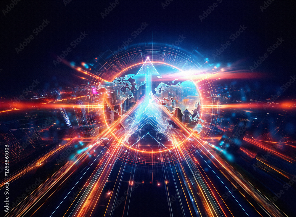Poster dynamic image featuring a world globe pierced by a luminous arrow pointing upwards, enveloped in vib