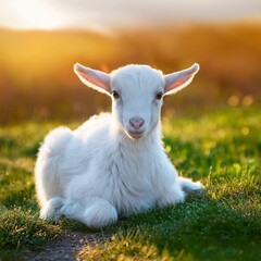 Obraz premium Cute sitting baby goat sheep background banner panorama spring easter. Eid mubarak