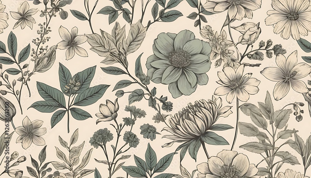 Poster elegant floral pattern with intricate line work and muted color palette