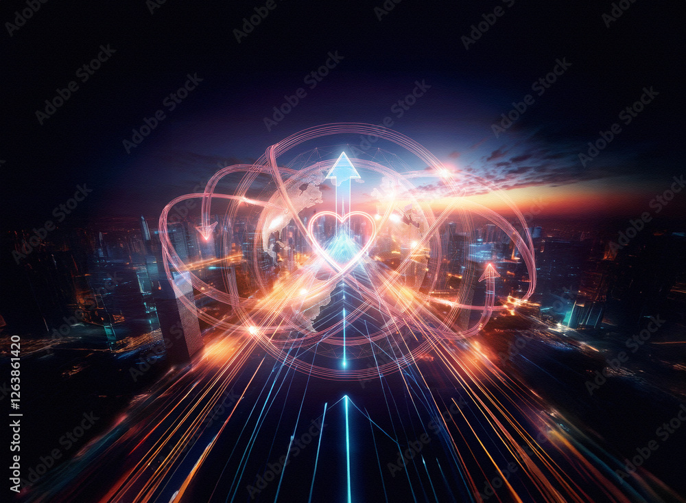 Poster abstract light trails form a heart shape above a vibrant cityscape at night. glowing orange and blue