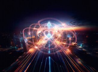 Obraz premium Abstract light trails form a heart shape above a vibrant cityscape at night. Glowing orange and blue lines create a dynamic and futuristic scene with a sense of connection and energy.