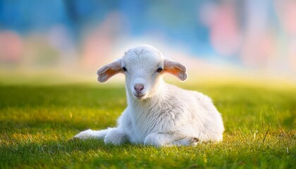 Obraz premium Cute sitting baby goat sheep background banner panorama spring easter. Eid mubarak 
