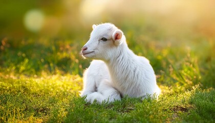 Naklejka premium Cute sitting baby goat sheep background banner panorama spring easter. Eid mubarak 