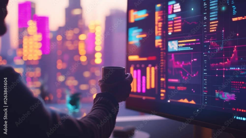 Poster businessman is holding a cup of coffee and analyzing big data displayed on computer screen with char