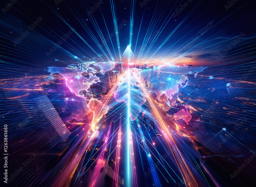 Poster a vibrant world map glows with bright light rays, creating a dynamic and futuristic digital network 