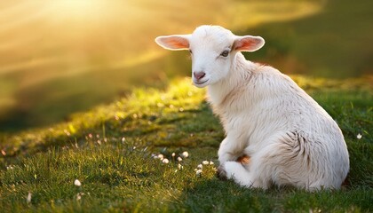 Obraz premium Cute sitting baby goat sheep background banner panorama spring easter. Eid mubarak 