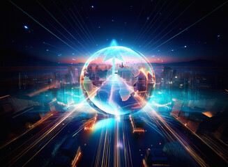 Fototapeta premium A luminous sphere radiating bright light beams positioned over a city silhouette, creating a futuristic and technological atmosphere with blue and orange hues.
