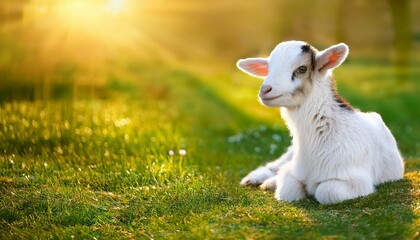 Obraz premium Cute sitting baby goat sheep background banner panorama spring easter. Eid mubarak 