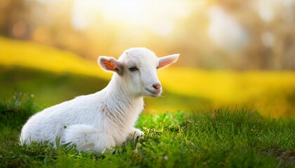 Naklejka premium Cute sitting baby goat sheep background banner panorama spring easter. Eid mubarak 
