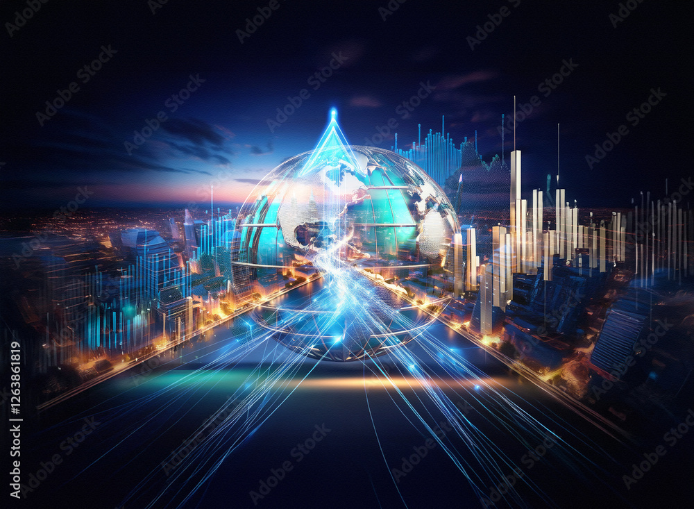 Poster futuristic digital globe with light trails connecting to a cityscape and financial graphs. represent