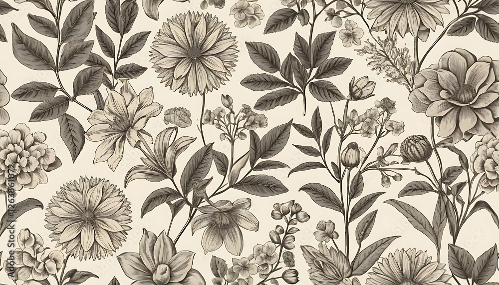 Poster monochrome floral bloom pattern background with intricate botanical sketches