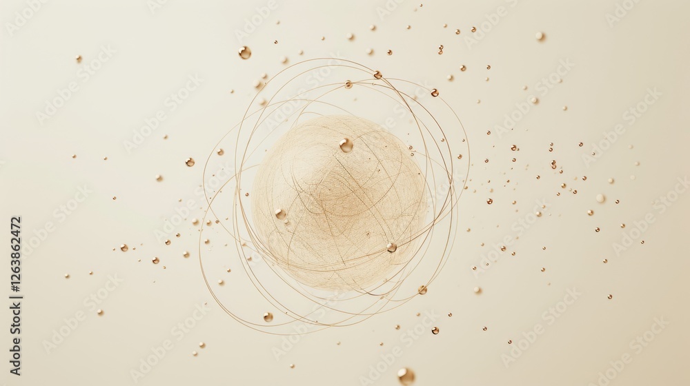 Poster abstract depiction of a glowing sphere surrounded by golden orbiting particles and lines, symbolizin