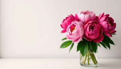 Fototapeta premium Colorful bunch of peony flowers arranged in a vase with green foliage , Garden Fresh, Spring Florals