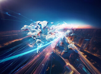 Obraz premium A world map formed from clouds emits light streams, illustrating global connections over a futuristic cityscape, symbolizing technology and worldwide communication.
