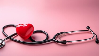 Red heart shape stethoscope and red heart on pink background. Hospital life insurance concept, world heart health day. Doctor day