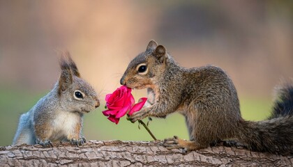 Fototapeta premium A young male squirrel offering a rose flower to a happy looking pretty little female while perched on a log in the spring, with copy space.