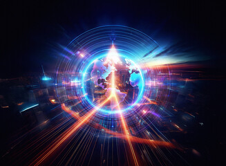 Fototapeta premium Glowing globe emitting bright light beams in a futuristic digital style. Circular lines and dynamic shapes convey energy and modern technology.