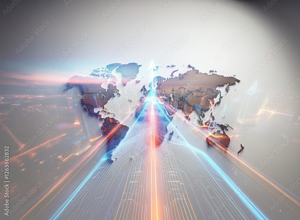 Poster streaks of light illuminate a world map, representing global connection and tech advancement. bright