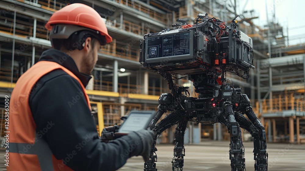 Poster worker interacts with advanced robotic assistant in industrial environment