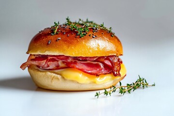 Close-up of a delicious bacon and cheese bun, garnished with fresh thyme sprigs, on a white background.