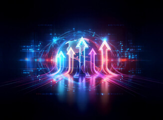 Fototapeta premium Neon arrows point upwards from a glowing digital globe, symbolizing growth and advancement in technology and global connectivity.
