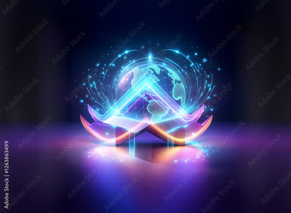 Poster a glowing triangle and crescent shape frame a stylized world globe with digital light effects on a d