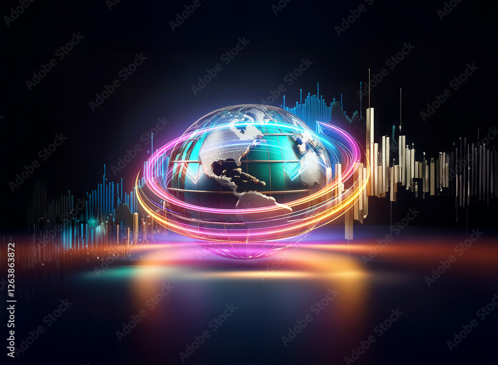 Poster glowing globe with vibrant rings orbits against a backdrop of stylized graph bars. abstract represen