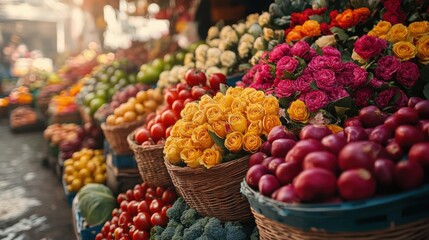 Vibrant Flower and Fruit Market Stalls with Colorful Roses, Fresh Produce and Lively Atmosphere