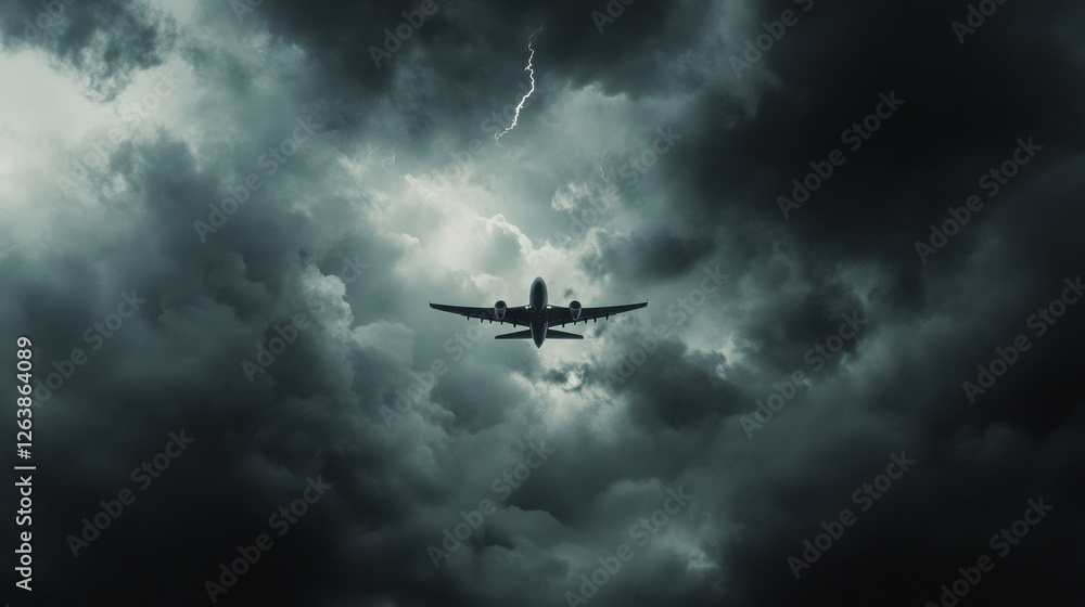 Poster Dark clouds and lightning illuminate the path of an airplane flying through a stormy sky at twilight. Generative AI