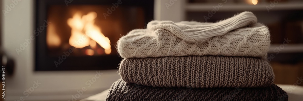 Poster cozy stacked sweaters in front of a warm fireplace on a chilly evening. generative ai
