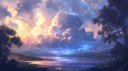 Fototapeta premium Iridescent mist swirls in blue and purple hues amidst a darkening landscape, blue smoke, smoky skies. Opalescent Skies. Illustration