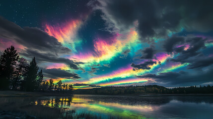 Fototapeta premium Iridescent sky phenomenon with low angle view. Opalescent Skies. Illustration