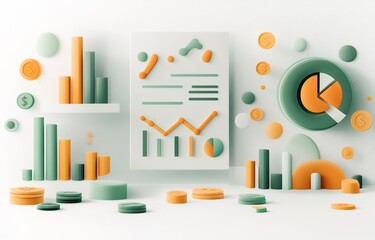 Obraz premium 3D render of financial charts, graphs, and coins illustrating business growth and success.