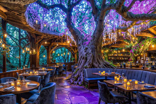 Magical fantasy fairy cafe tea room interior, large tree, ambience