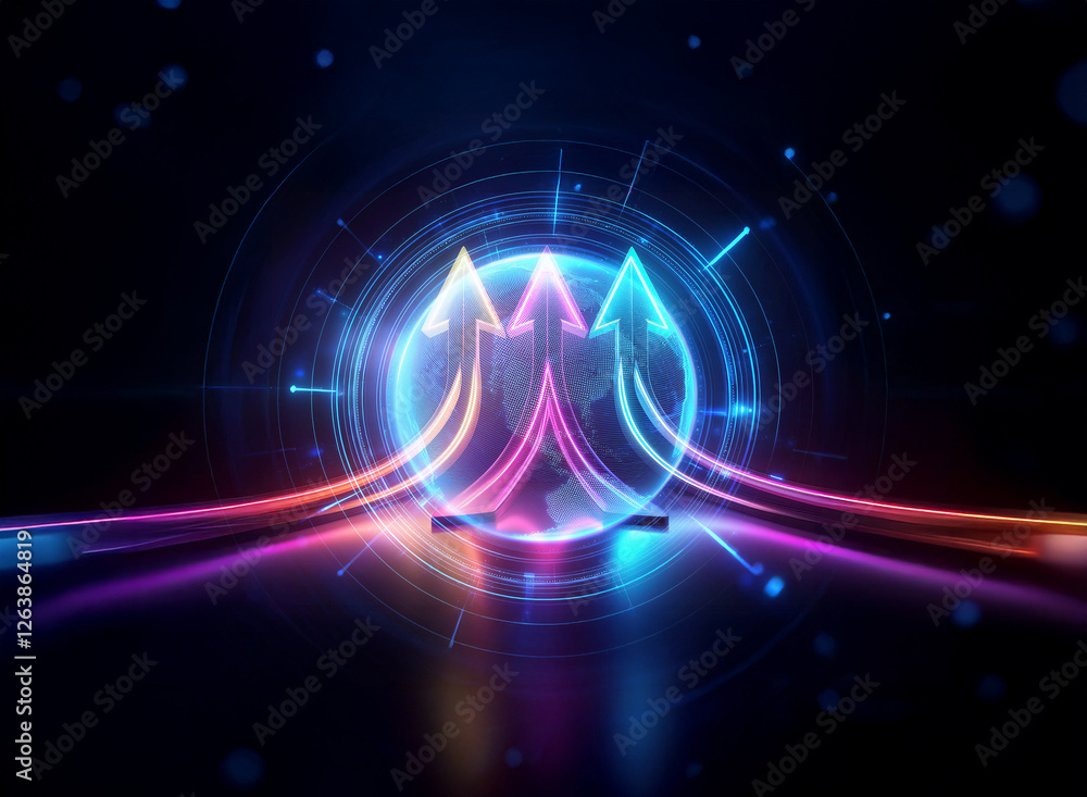 Poster three glowing arrows ascend with vibrant light trails on a dark bokeh backdrop. abstract, futuristic