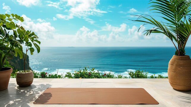 A serene yoga mat is positioned on a sunlit terrace, overlooking a stunning ocean view surrounded by lush greenery. Sunrise Stretch ,Mindful Moments - Powered by Adobe