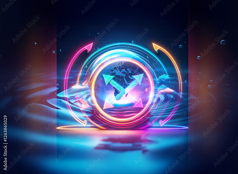 Poster abstract image of a glowing circle with arrows symbolizing direction, in vibrant neon hues, creating