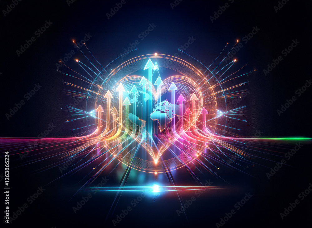 Poster abstract glowing heart shape with upward arrows and a globe inside, radiating light rays on a dark b
