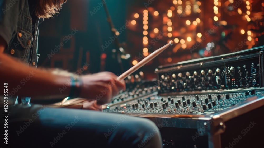 Poster skilled sound engineer adjusts levels on a professional audio mixing console in a studio setting. wa