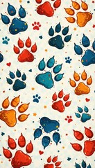 Colorful dog paw pattern with doodle style cartoon elements , toy, paw print, background