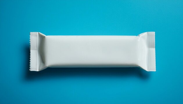 Snack bar or candy wrapper white plastic blank mockup for brand product, blue background 
