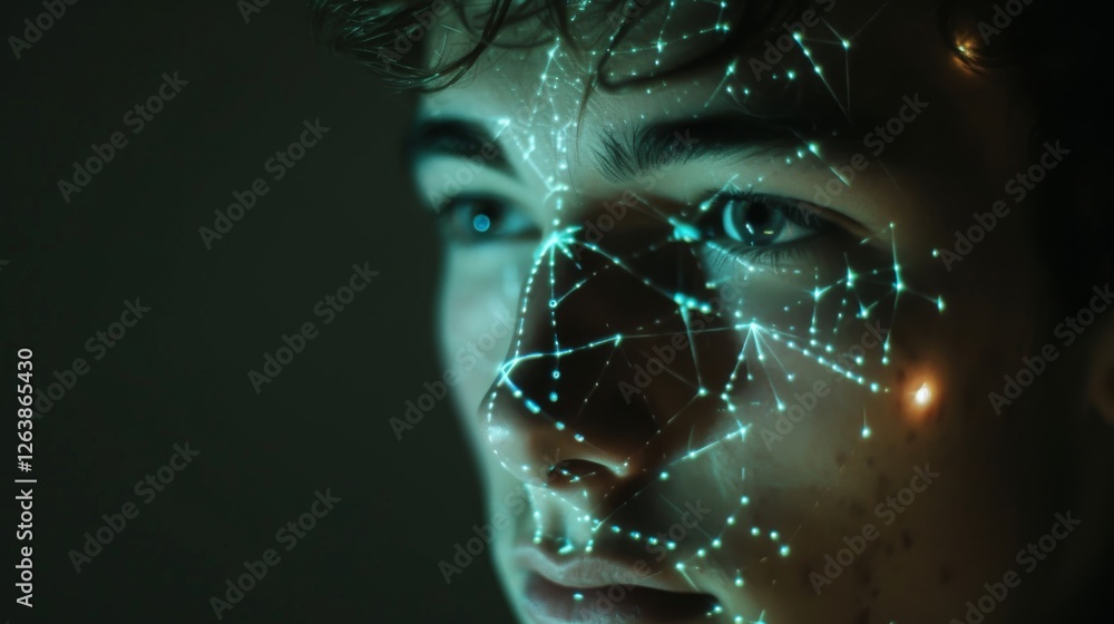 Poster close-up futuristic illustration of a human face with glowing grid patterns symbolizing advanced ai 