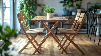 Cozy wooden table with two chairs and potted plant in bright indoor setting with natural light and greenery