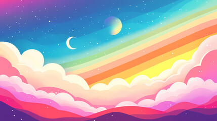Vibrant rainbow colors in the sky with clouds. Opalescent Skies. Illustration