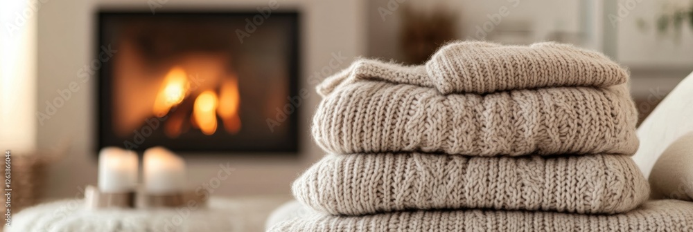 Poster cozy living room setting with soft knitted sweaters stacked near a glowing fireplace during a chilly