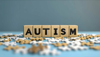 Wooden blocks spelling the word AUTISM in bold black letters arranged in a straight line The blocks are placed on a light blue surface surrounded by white puzz