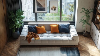 Modern Living Room Interior Design with Cozy Couch, Decorative Pillows, and Natural Light During Daytime