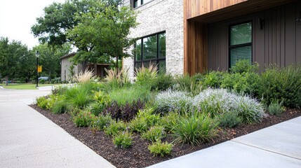 Obraz premium Modern Landscaping in front of a Stone Building