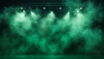 Green smoke fills a dark stage with spotlights.