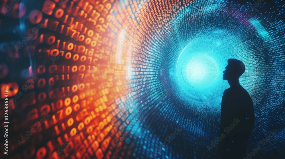 Poster a human silhouette stands in a glowing tunnel of binary data, blending technological themes with fut